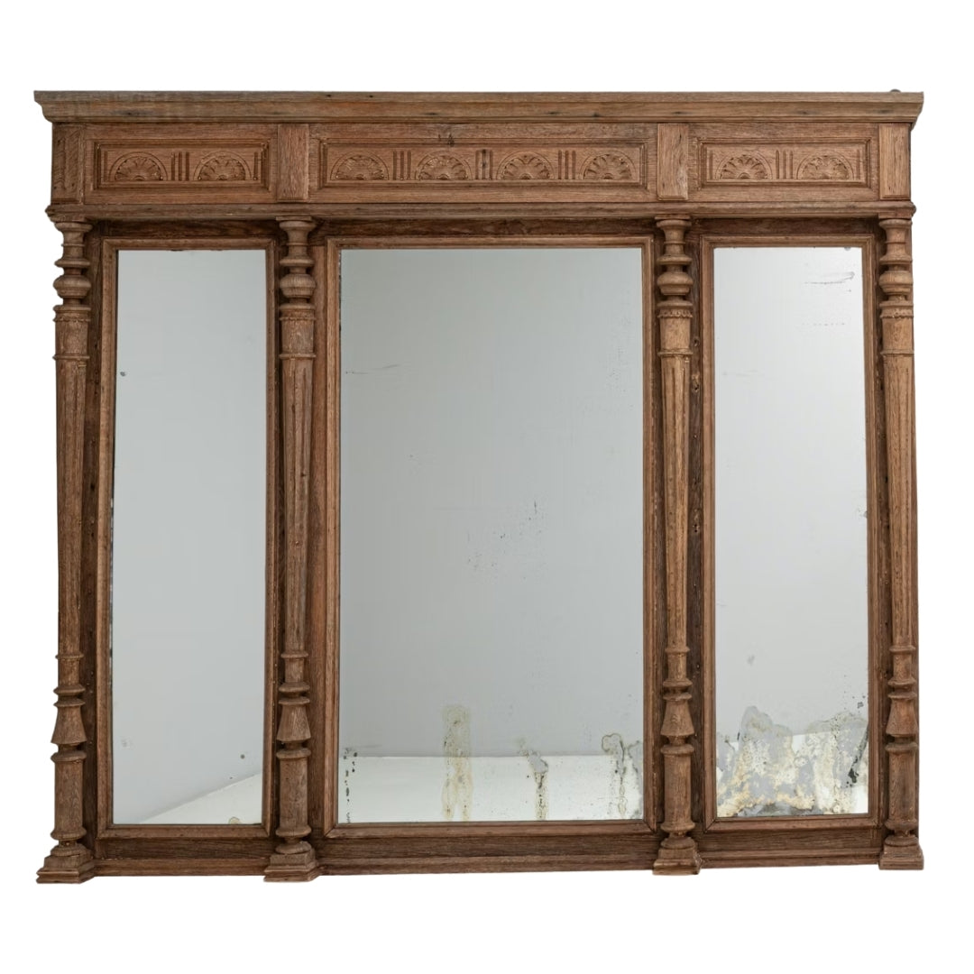 Turned Columns Antique French Three Panel Oak Mirror, Circa 1900