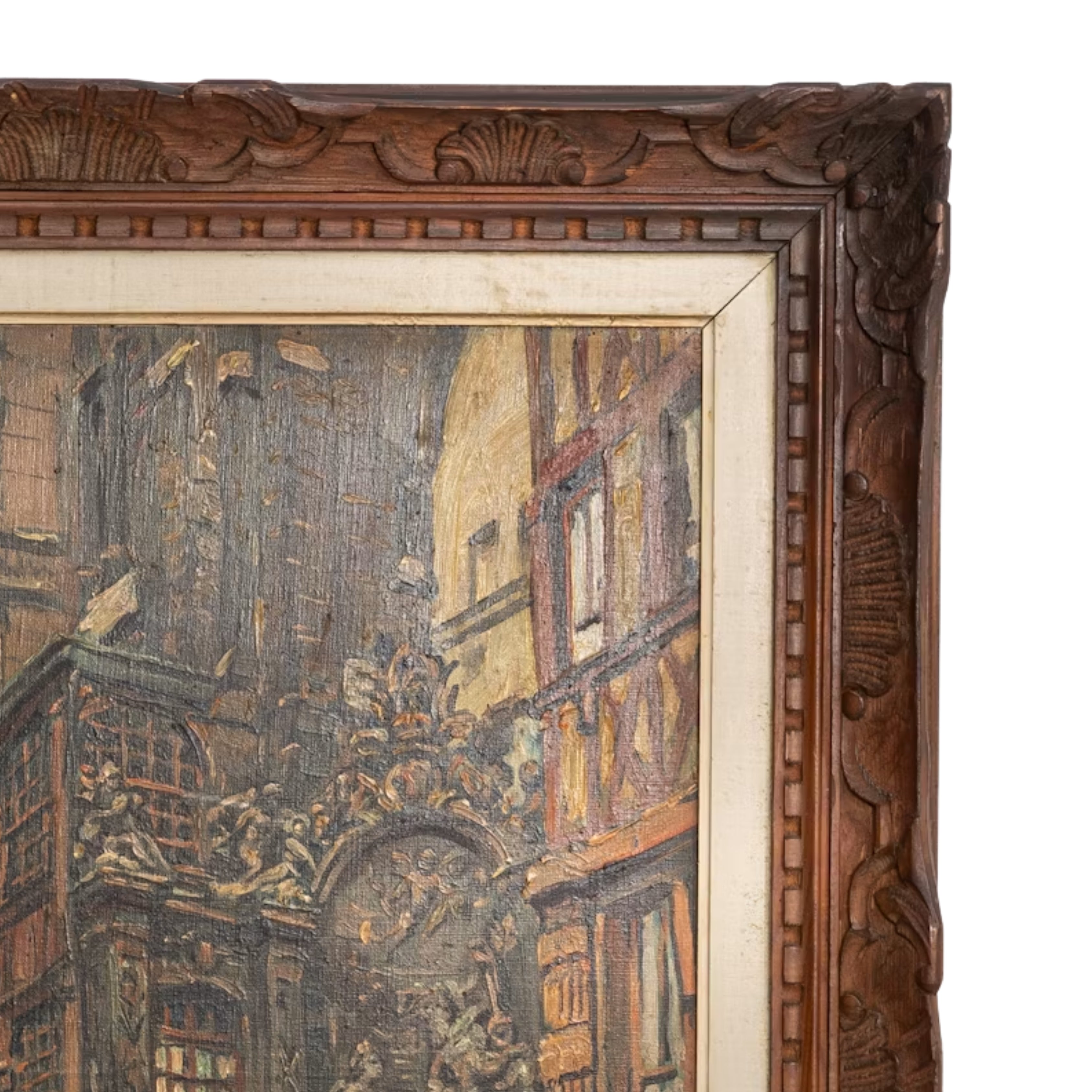 Vintage European Clock Tower Street Framed Oil Painting, Circa 1950