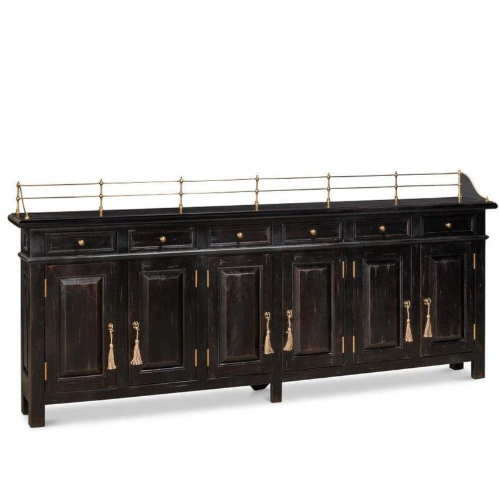 Dark wood sideboard with brass hardware, tassel pulls, and top rail, French country style
