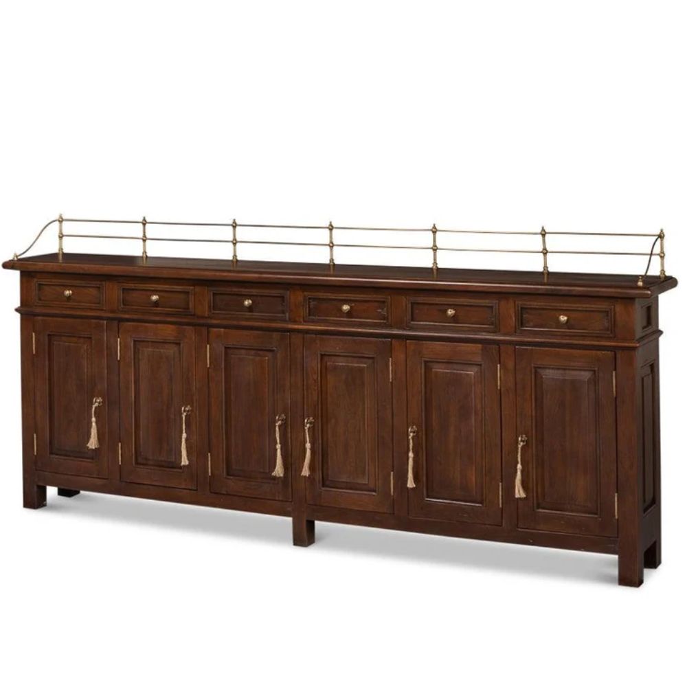 Dark wood sideboard with tassel pulls and brass rail, French country style furniture
