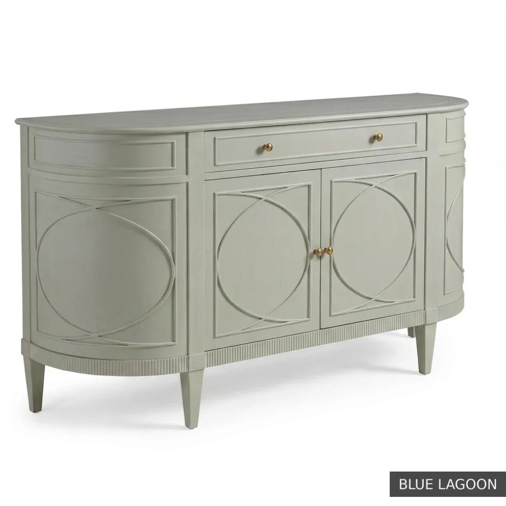Elegant gray sideboard with curved design, circular panel details, and brass knobs in Blue Lagoon finish