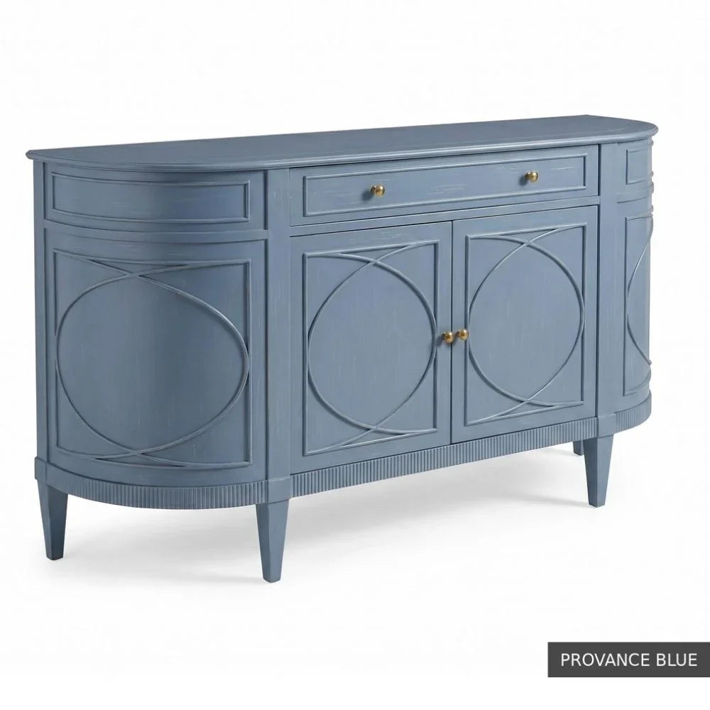 Provence Blue French country sideboard with circular panel details and gold knobs, farmhouse style furniture