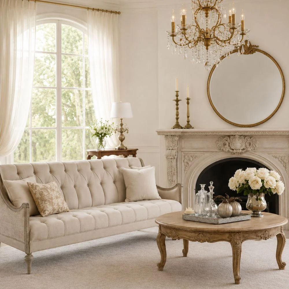 Elegant French living room with cream tufted sofa, ornate round wood coffee table, gold mirror, and crystal French chandelier