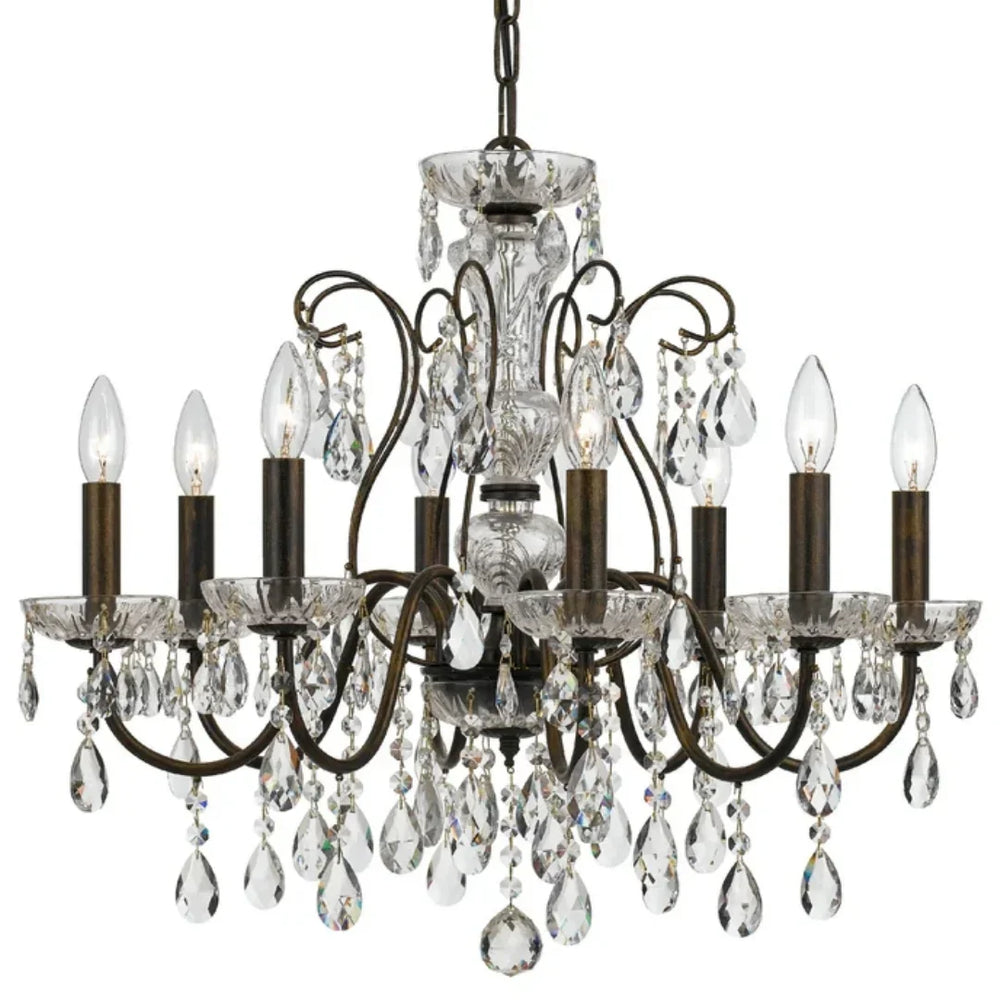 French crystal chandelier with metal scroll and glass candleholder plates
