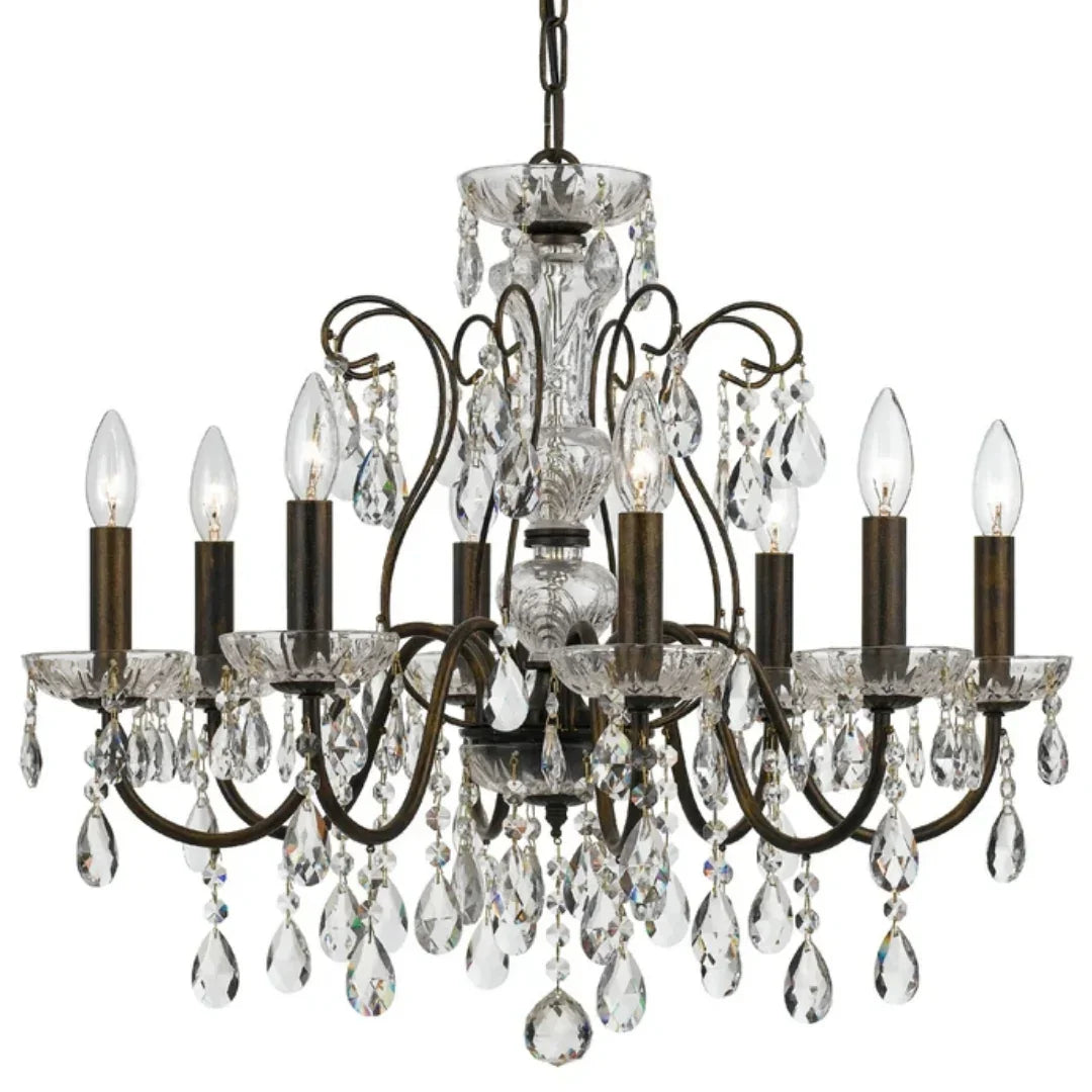 French crystal chandelier with metal scroll and glass candleholder plates
