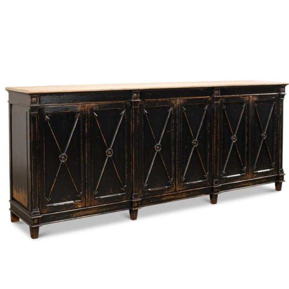 Distressed black sideboard with X-panel doors, natural wood top, farmhouse style storage cabinet