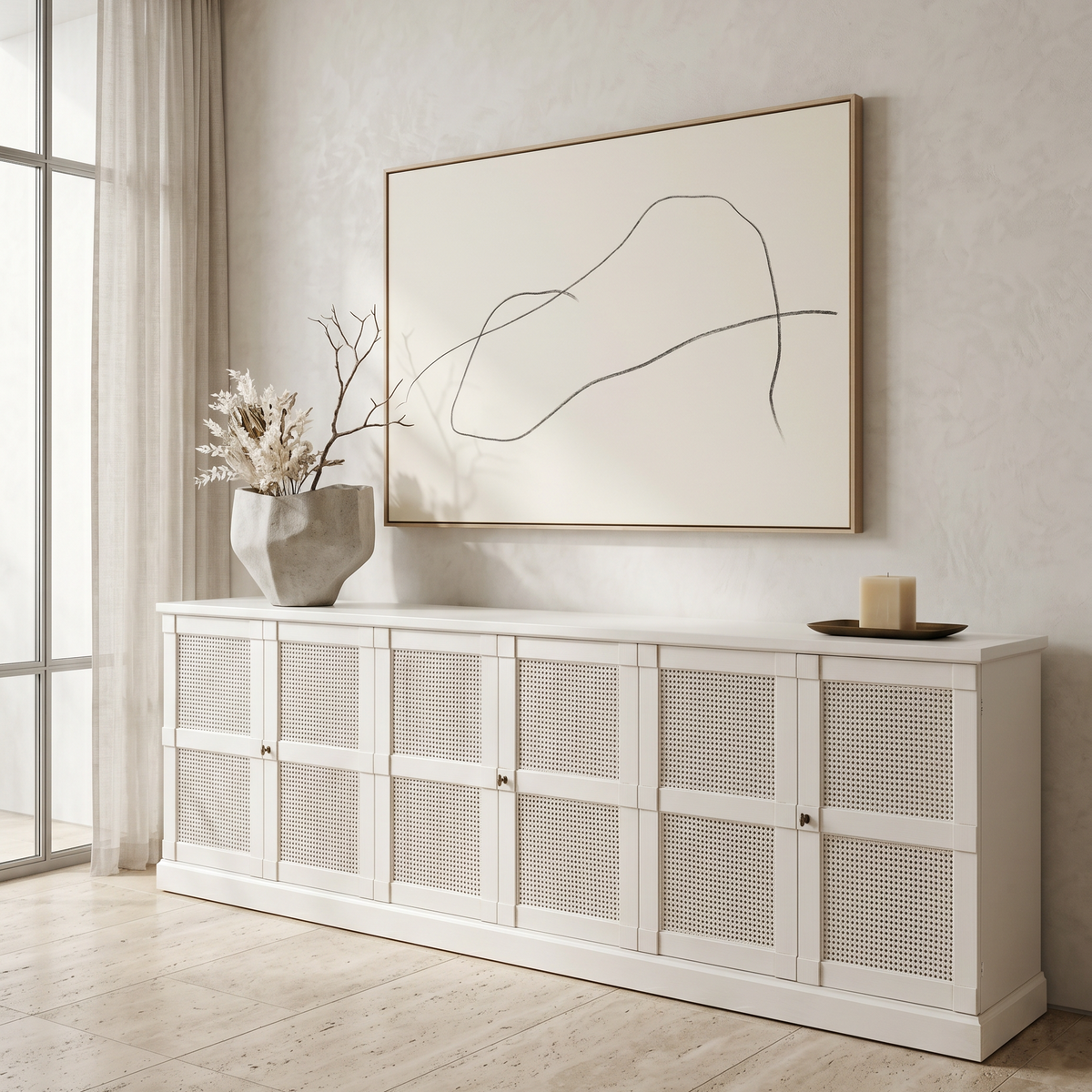 Extra Long Solid White Cane Door Buffet