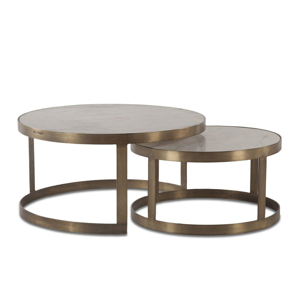 Round marble-top coffee tables with gold metal base, modern farmhouse style
