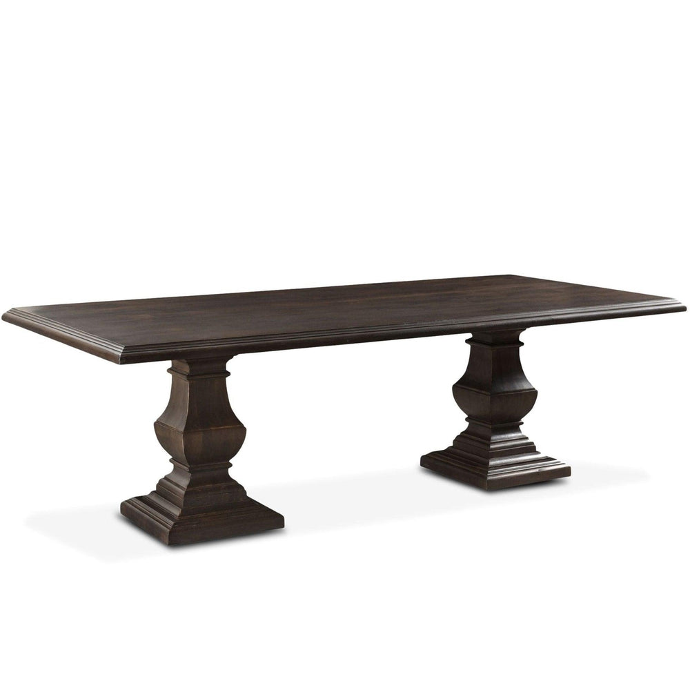 Dark brown farmhouse style rectangular dining table with pedestal bases.
