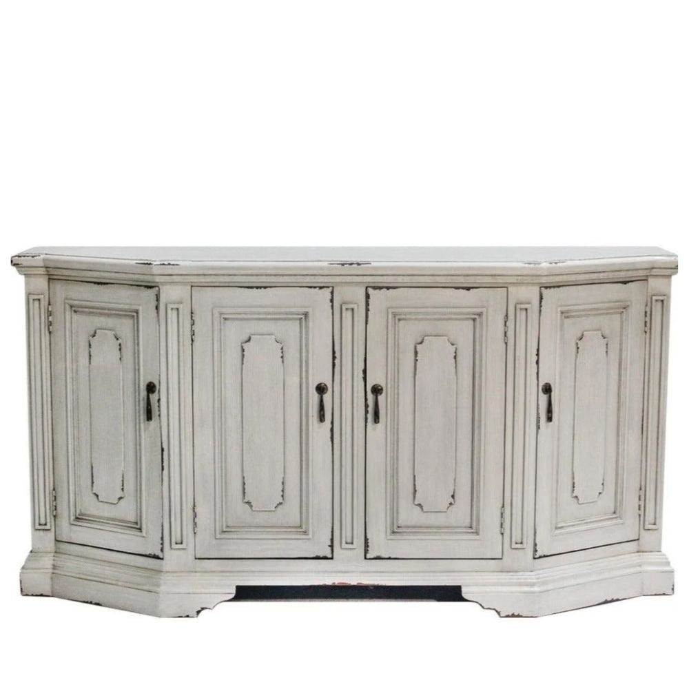Whtie farmhouse curved four-door sideboard with antique pulls.