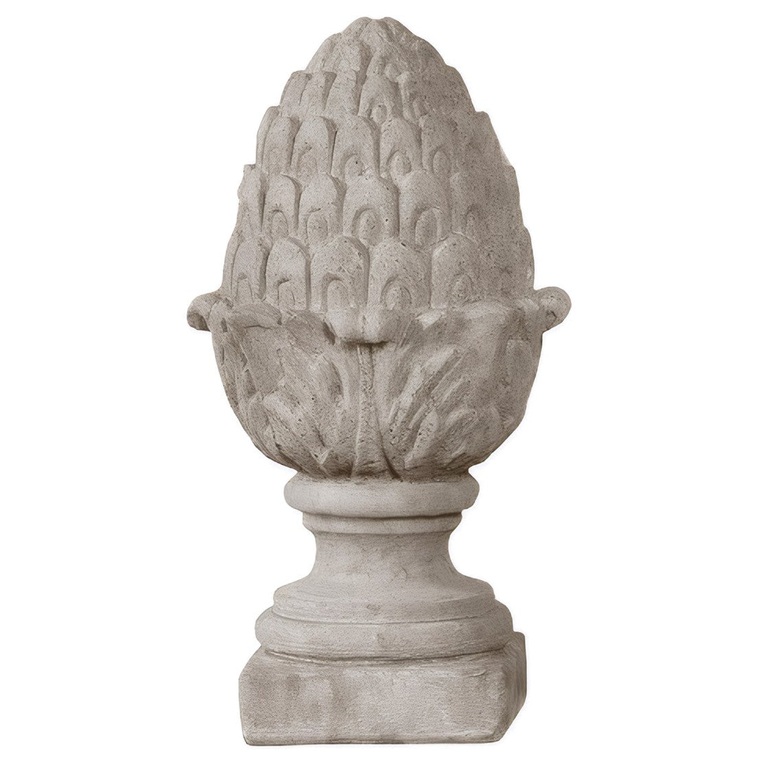 Weathered gray stone pineapple sculpture with carved leaf collar, detailed scales, turned pedestal, and square base.