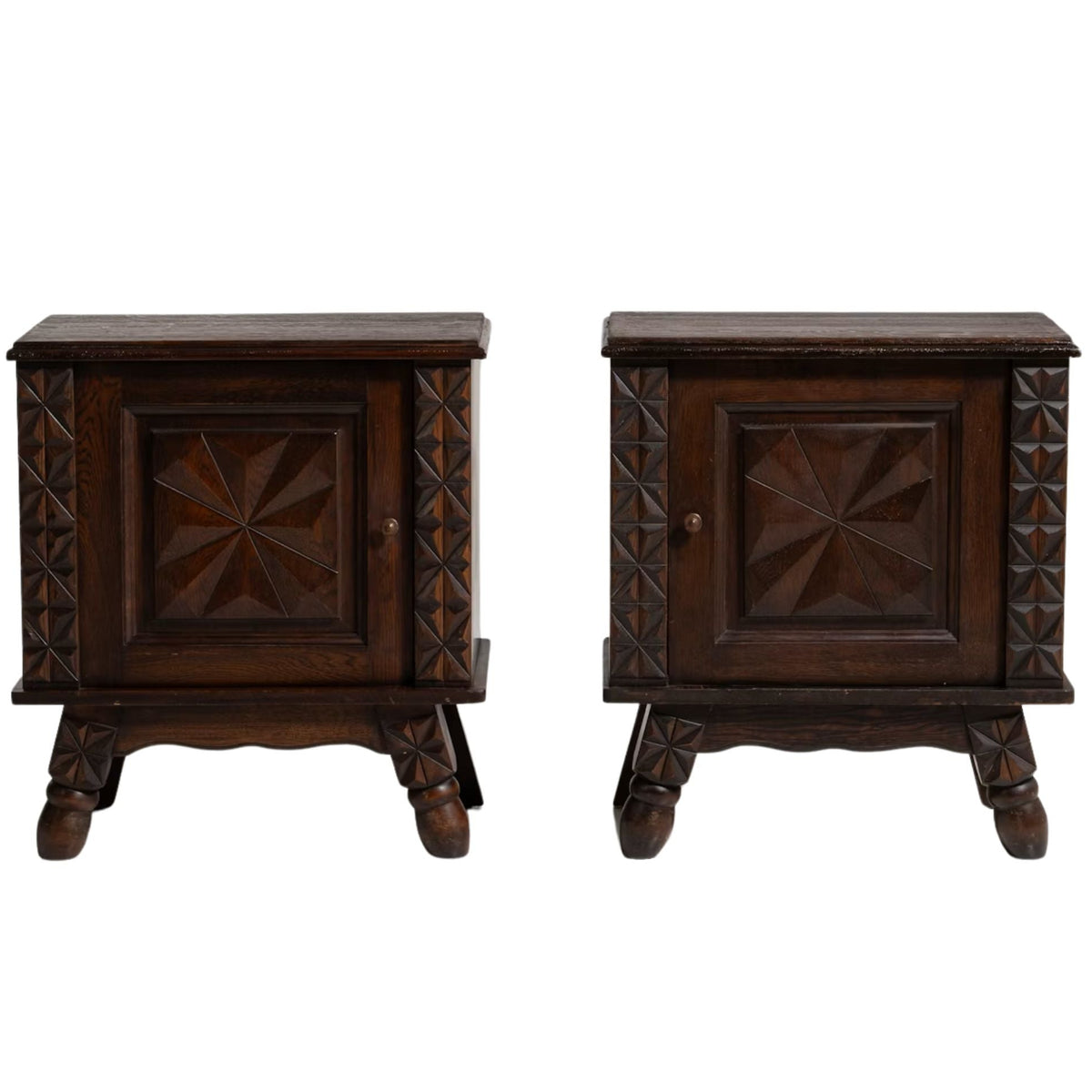 French Rustic Starburst Carved Side Cabinets – Set of Two