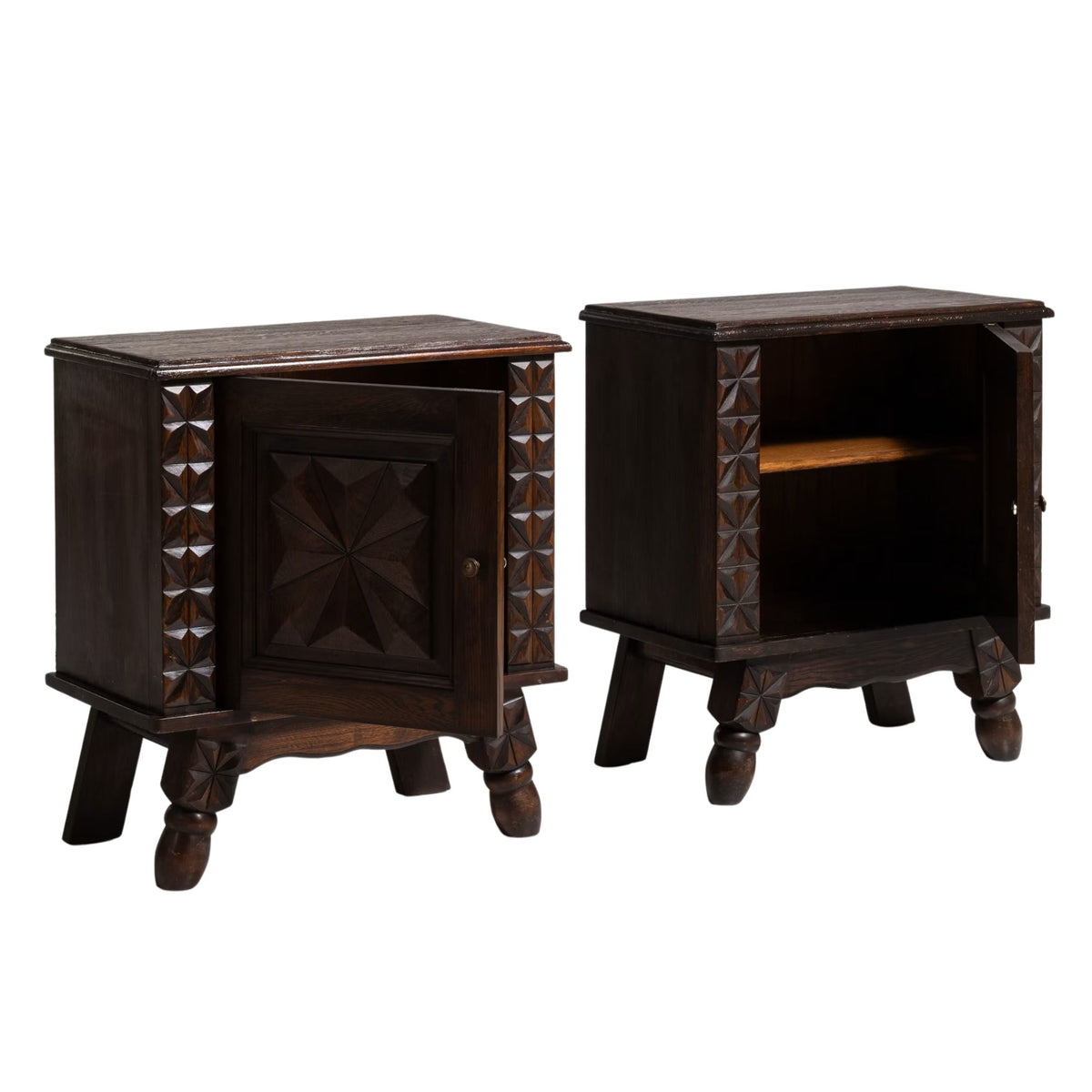 French Rustic Starburst Carved Side Cabinets – Set of Two