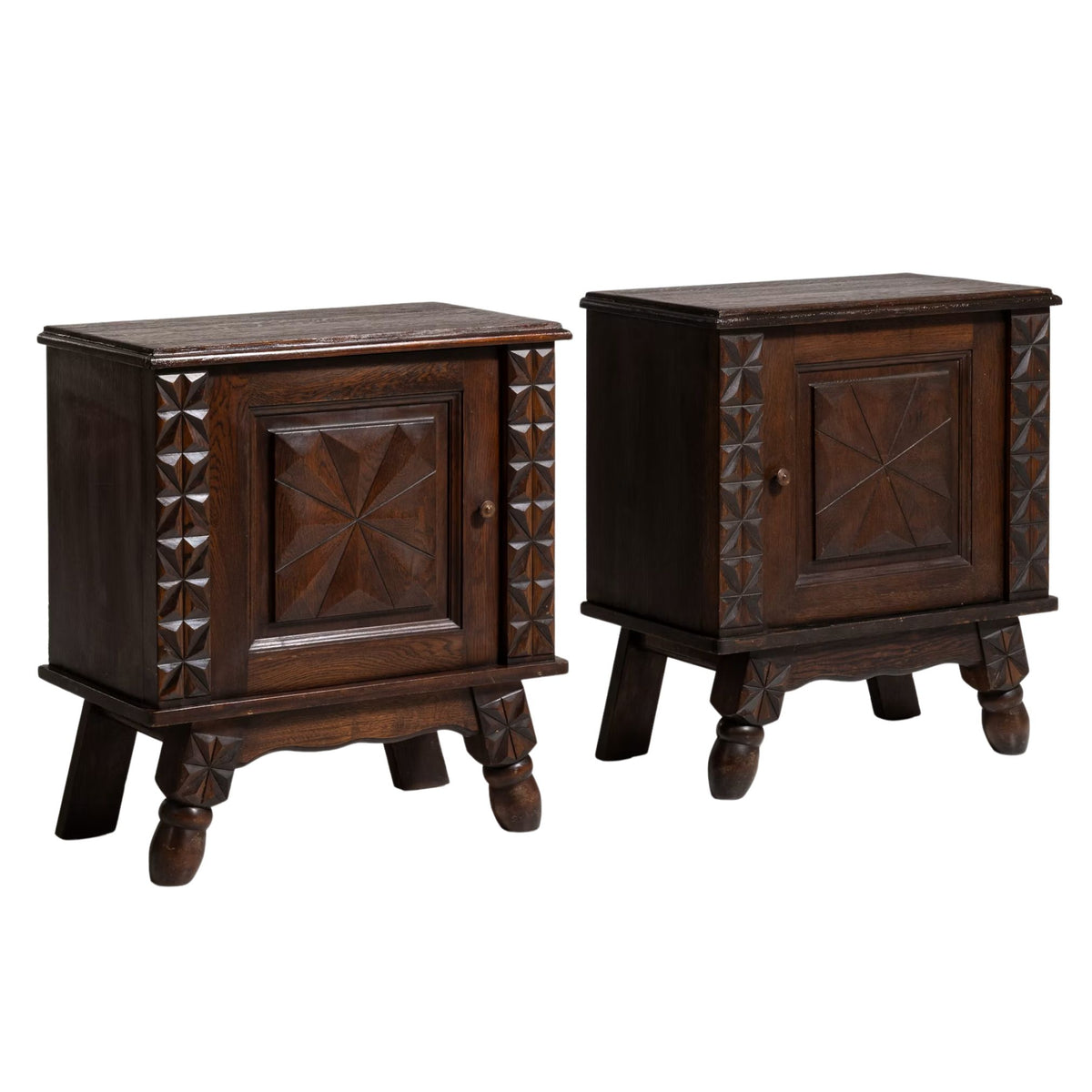 French Rustic Starburst Carved Side Cabinets – Set of Two