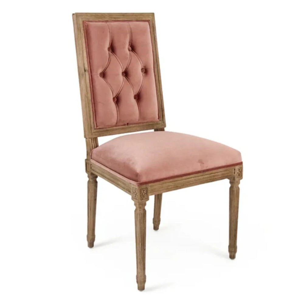 Pink rose velvet tufted dining chair with distressed wood frame, French country style