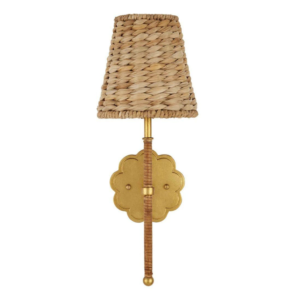 Woven wicker wall sconce with gold scalloped backplate, coastal boho lighting fixture