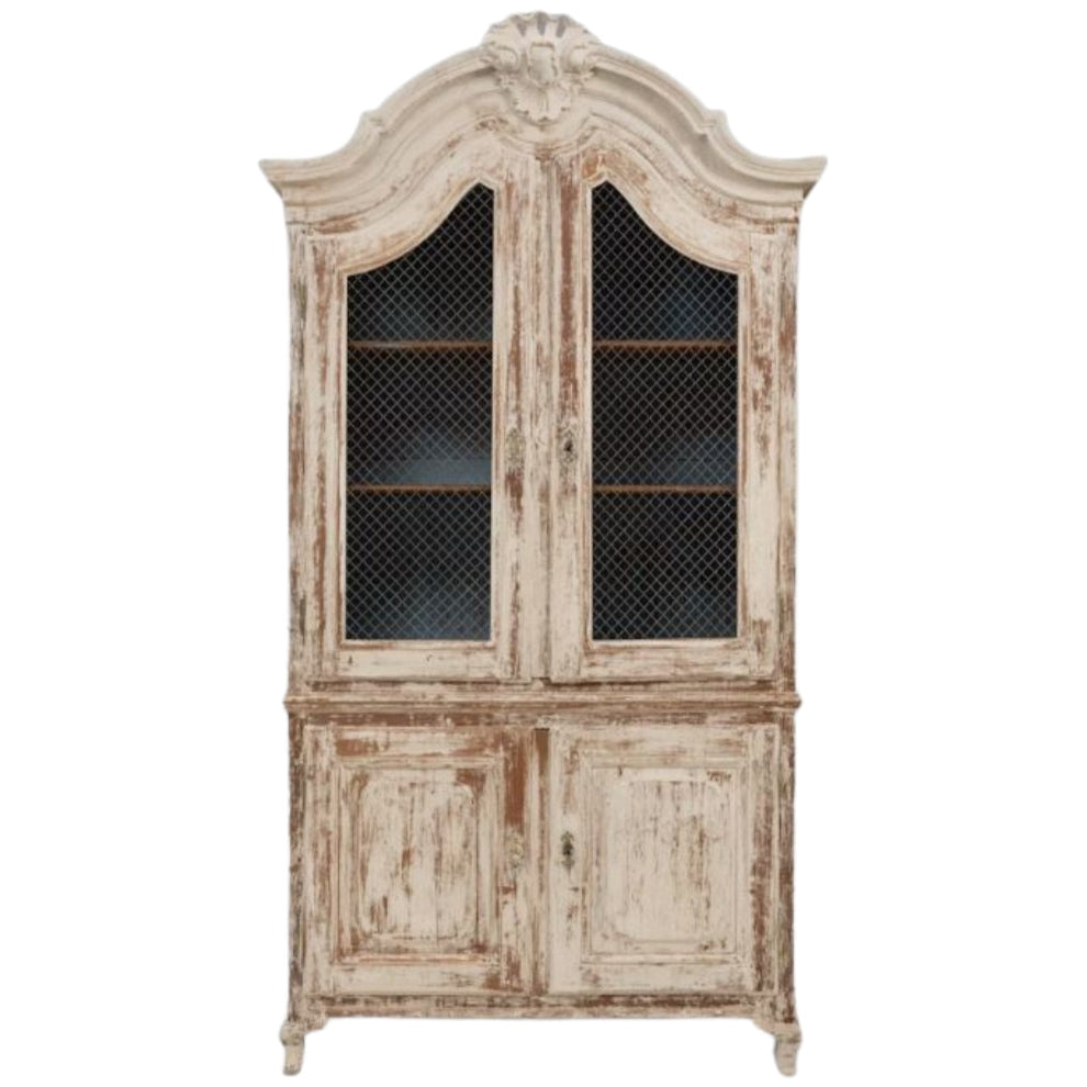 Arched French Patinated Chicken Wire-Door Cabinet, Circa 1840