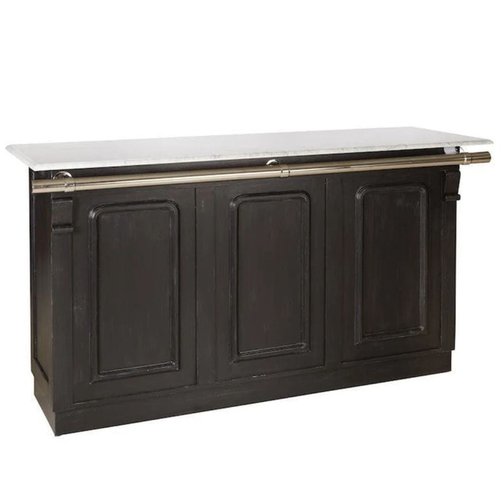 Dark wood French country sideboard with marble top and brass rail, shabby chic farmhouse style