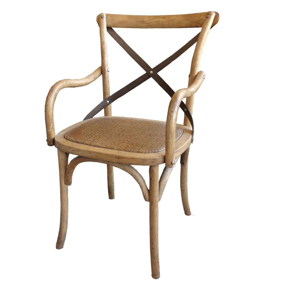 Rustic wooden armchair with woven seat and leather cross-back, perfect for farmhouse or shabby chic decor