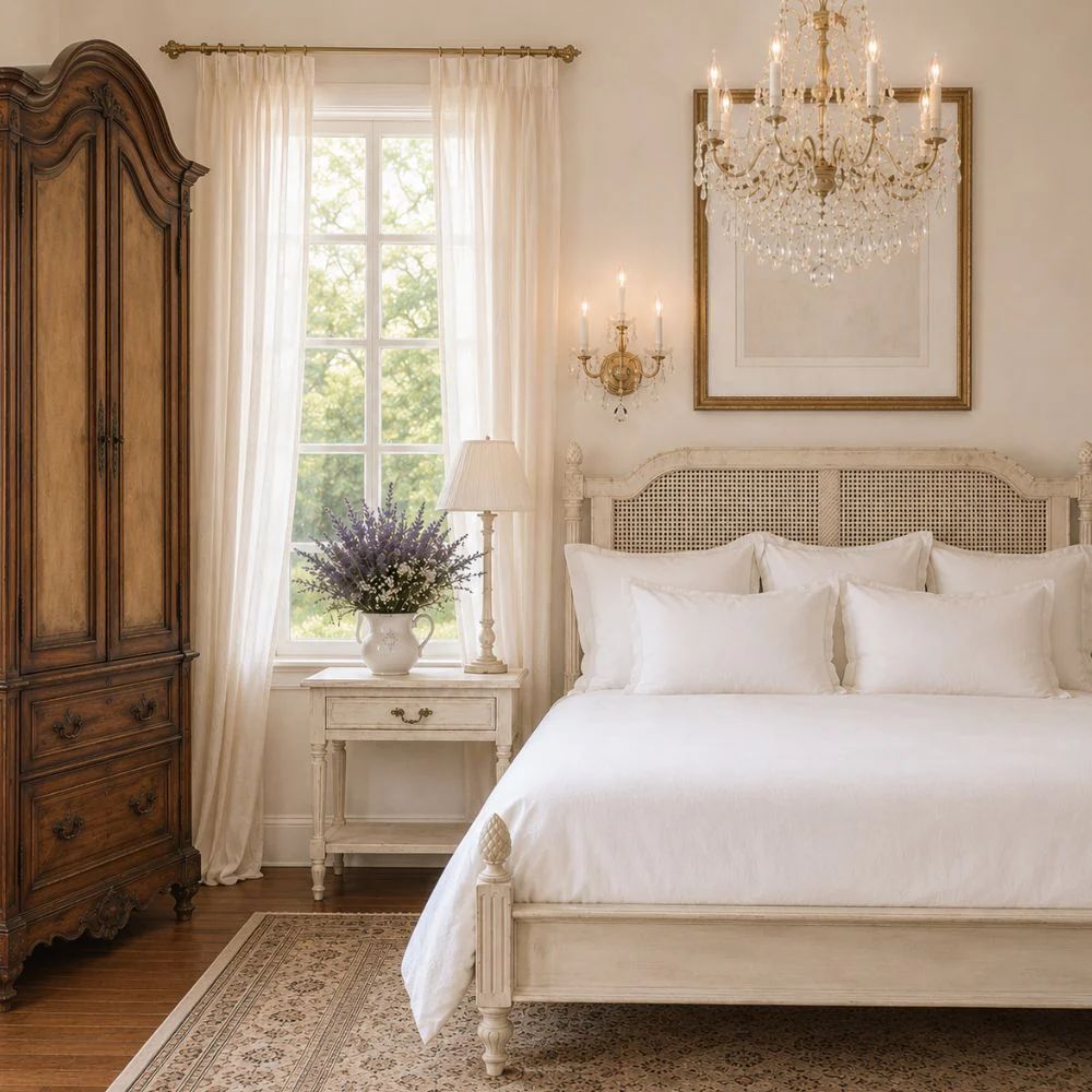 French country bedroom with a cream cane bed, matching French nightstands, an arched wood armoire, and a gold crystal chandelier.