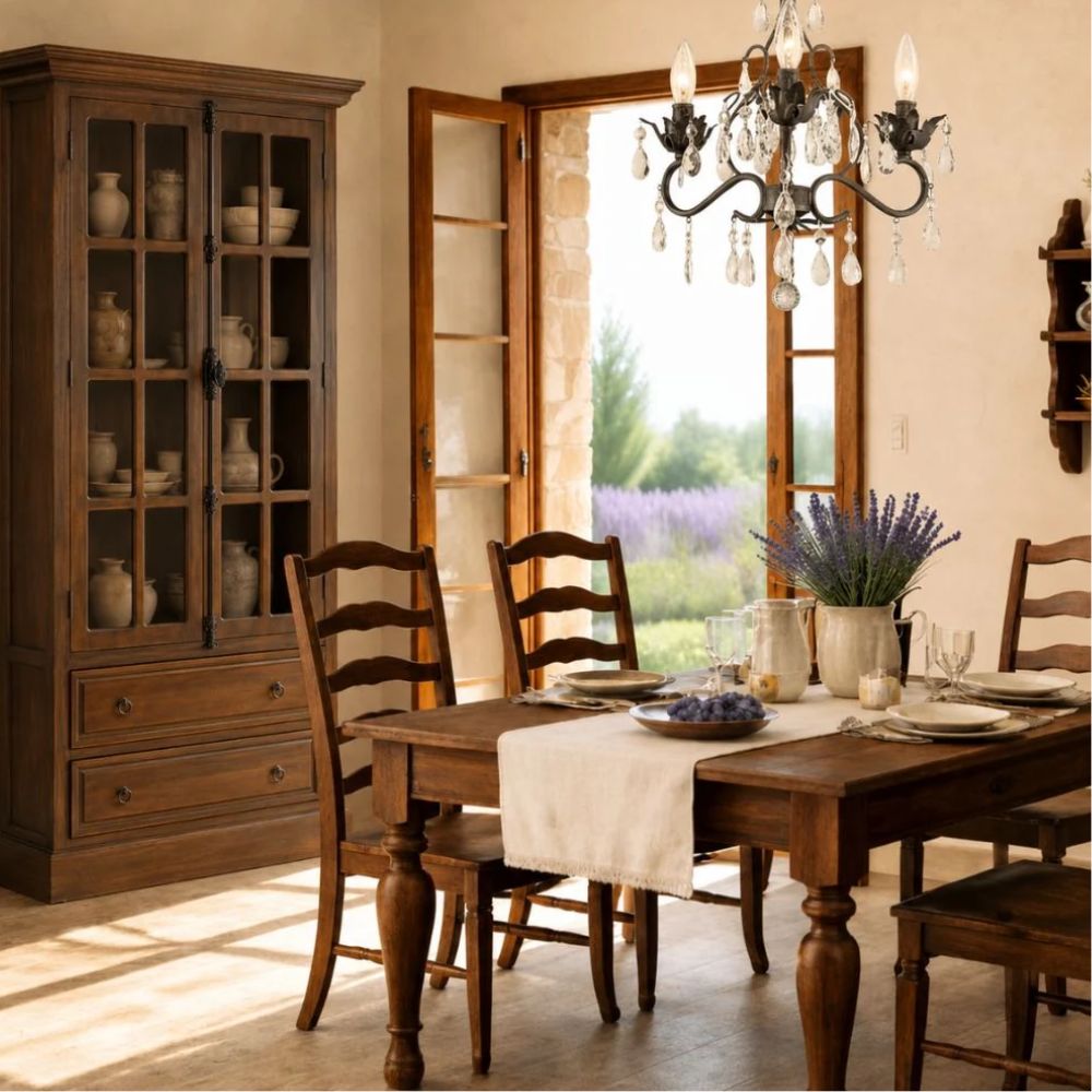 Classic Provence French country dining room with dark wood dining table, ladder-back chairs, glass-front cabinet, crystal chandelier, and lavender accents.