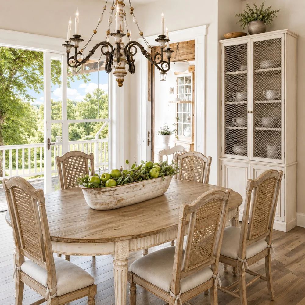 French country farmhouse dining room with cane-back dining chairs, oval wood table, antique-style chandelier, and white mesh-door cabinet