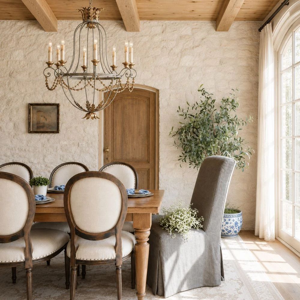 Regal French Country Stone Wall Dining Room
