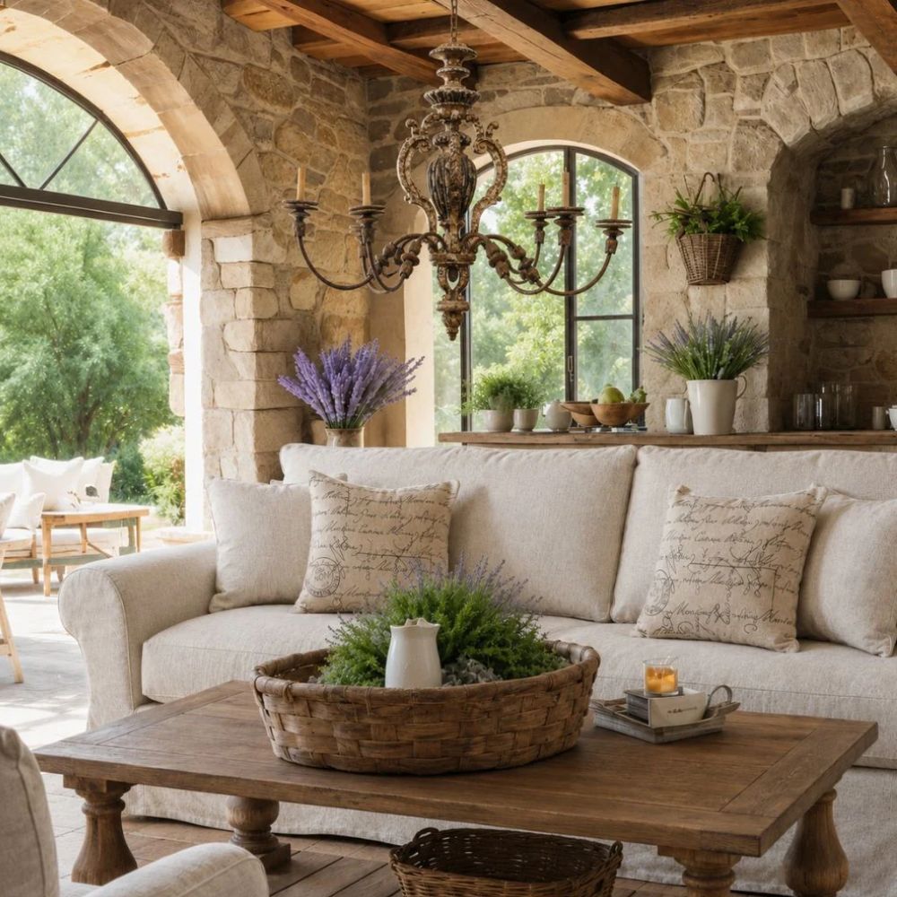 Open French Country Stone Living Room 