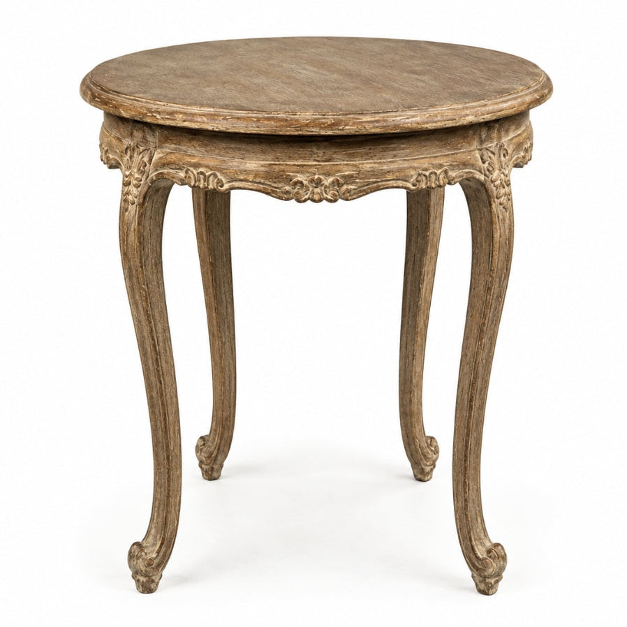 A round wooden accent table with ornate cabriole-style legs and a distressed finish, shown on a plain white background.