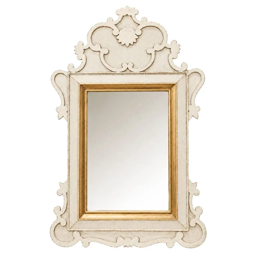 Elegant French country mirror with ornate white frame and gold inner border, perfect for shabby chic decor
