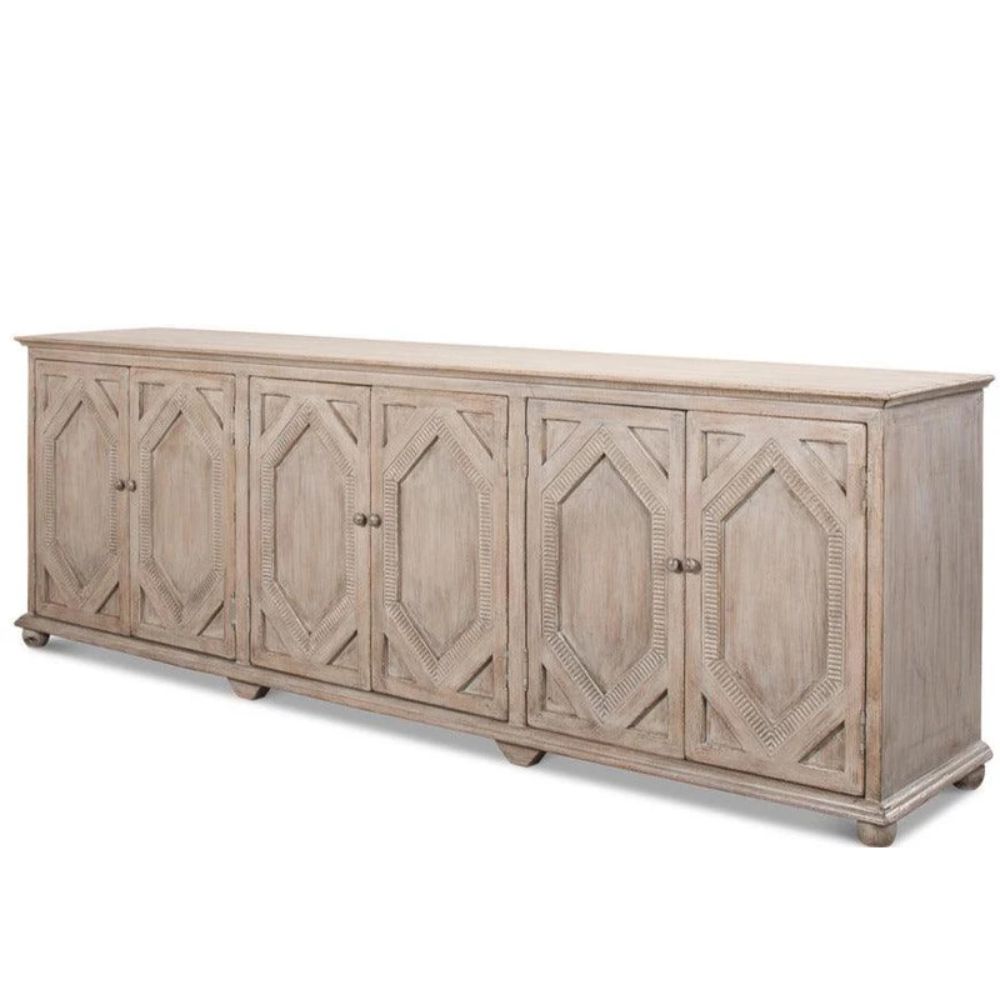 Rustic wooden sideboard with carved geometric panels, farmhouse style storage cabinet