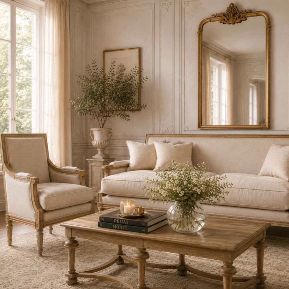 Elegant French Louis formal living room with cream sofa, Louis armchair, carved wood coffee table, and ornate gold mirror