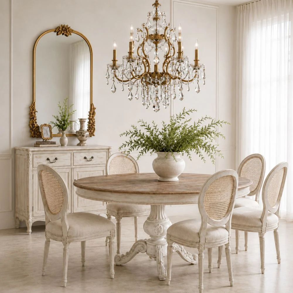 French shabby chic glam dining room with an ornate pedestal table, white cane-back chairs, gold crystal chandelier, and ornate gold mirror