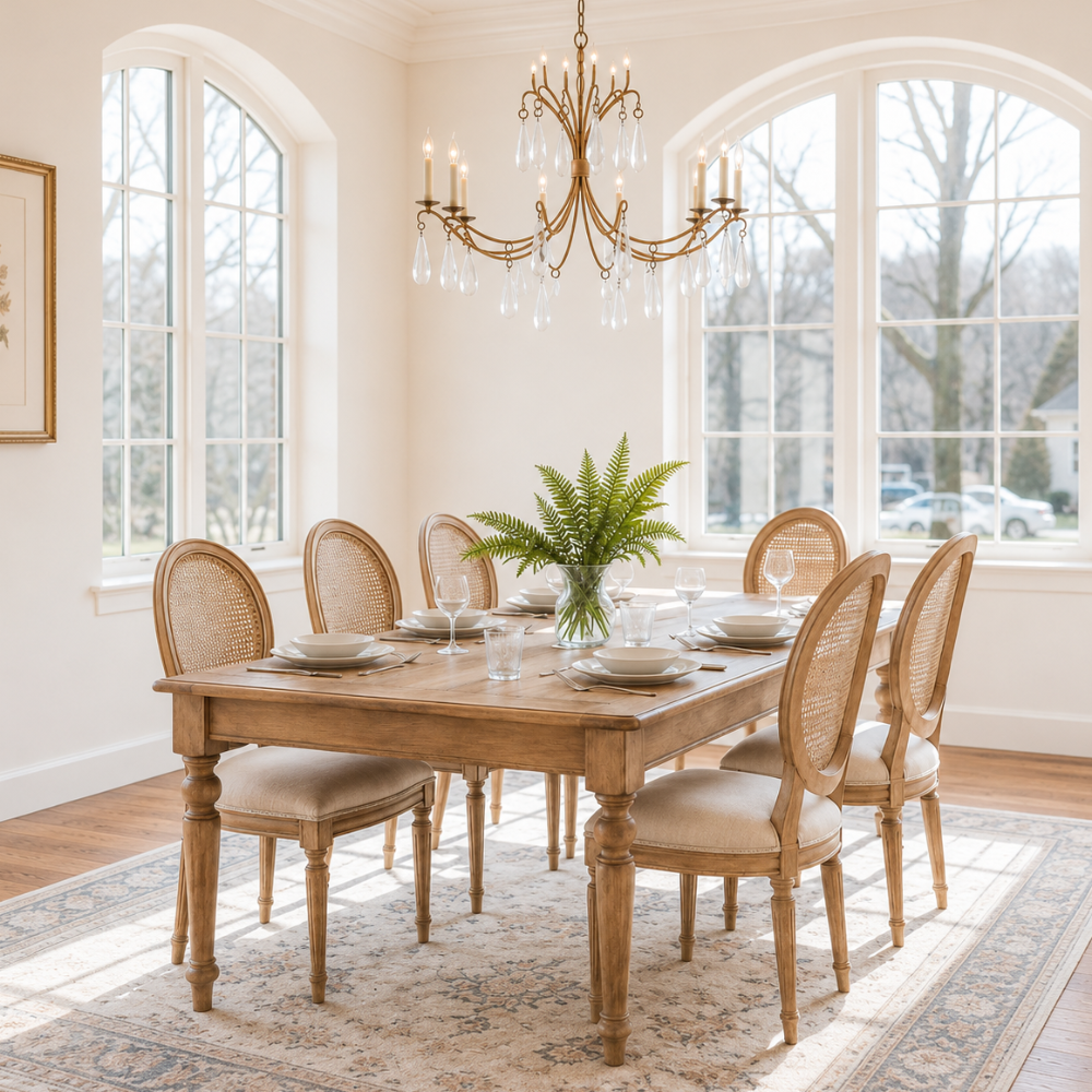 Airy French country dining room with a turned leg wood dining table, cane back dining chairs, and an elegant gold crystal French chandelier.