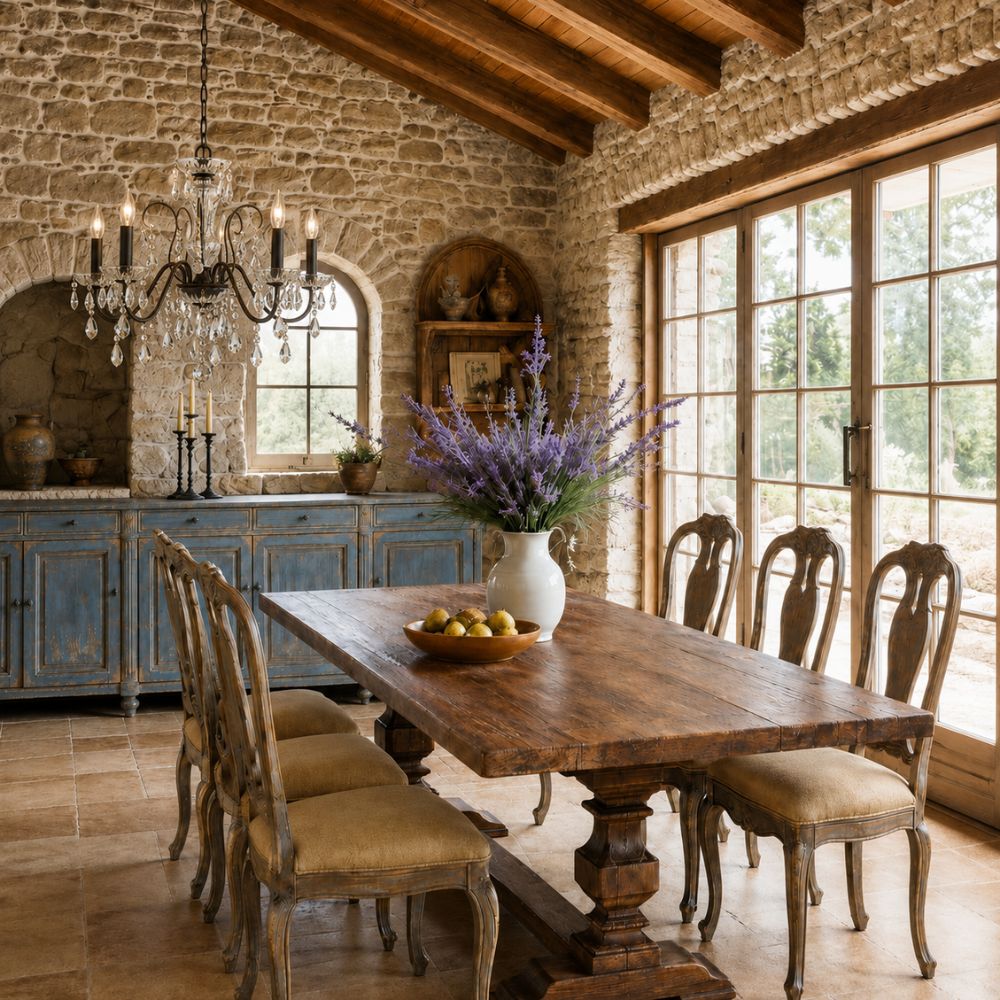 Rustic French Country Dining Room with Lilac Blue Buffet