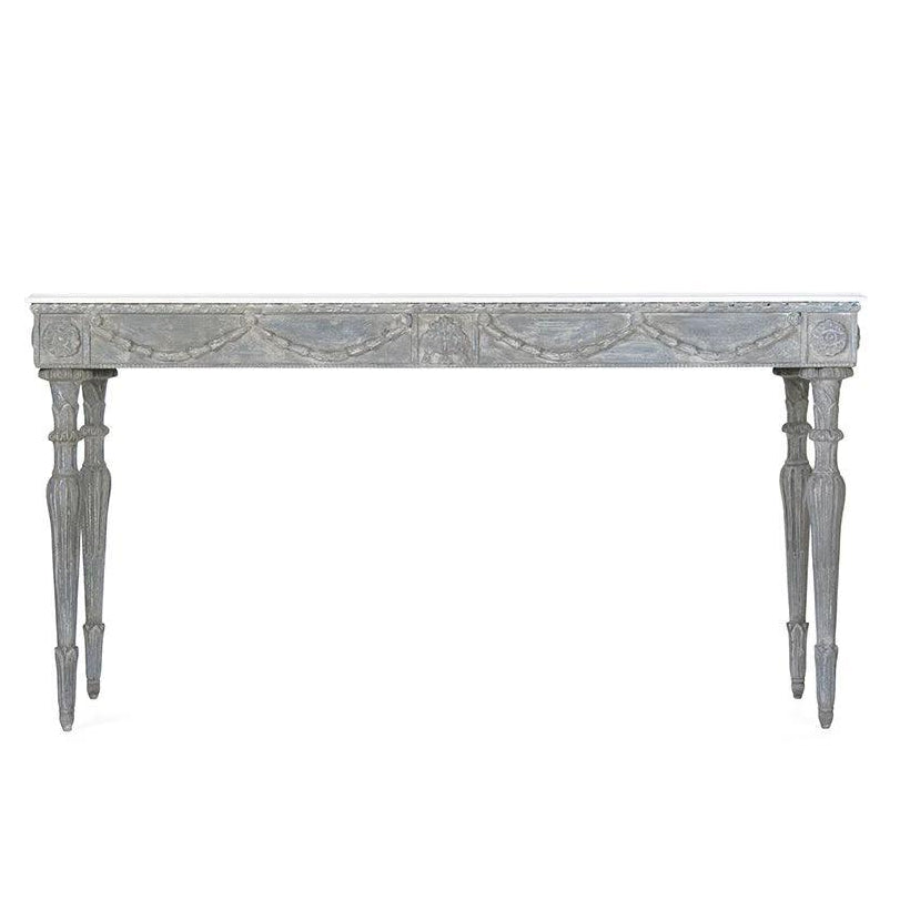 Elegant French country console table with carved details and distressed gray finish, perfect for shabby chic or farmhouse decor