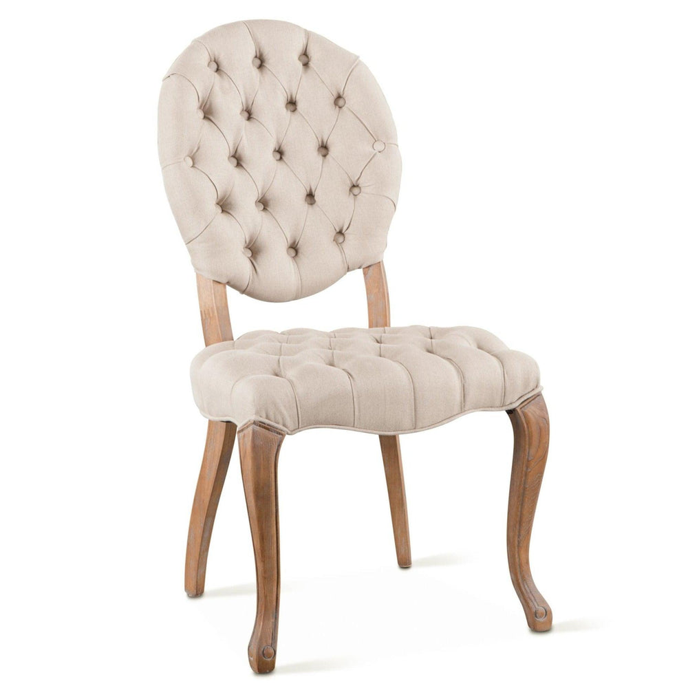 Tufted beige upholstered dining chair with curved wooden legs, French country style