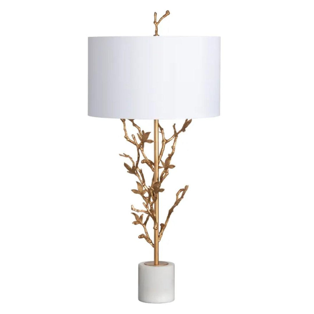 Gold branch style table lamp with white shade and marble base
