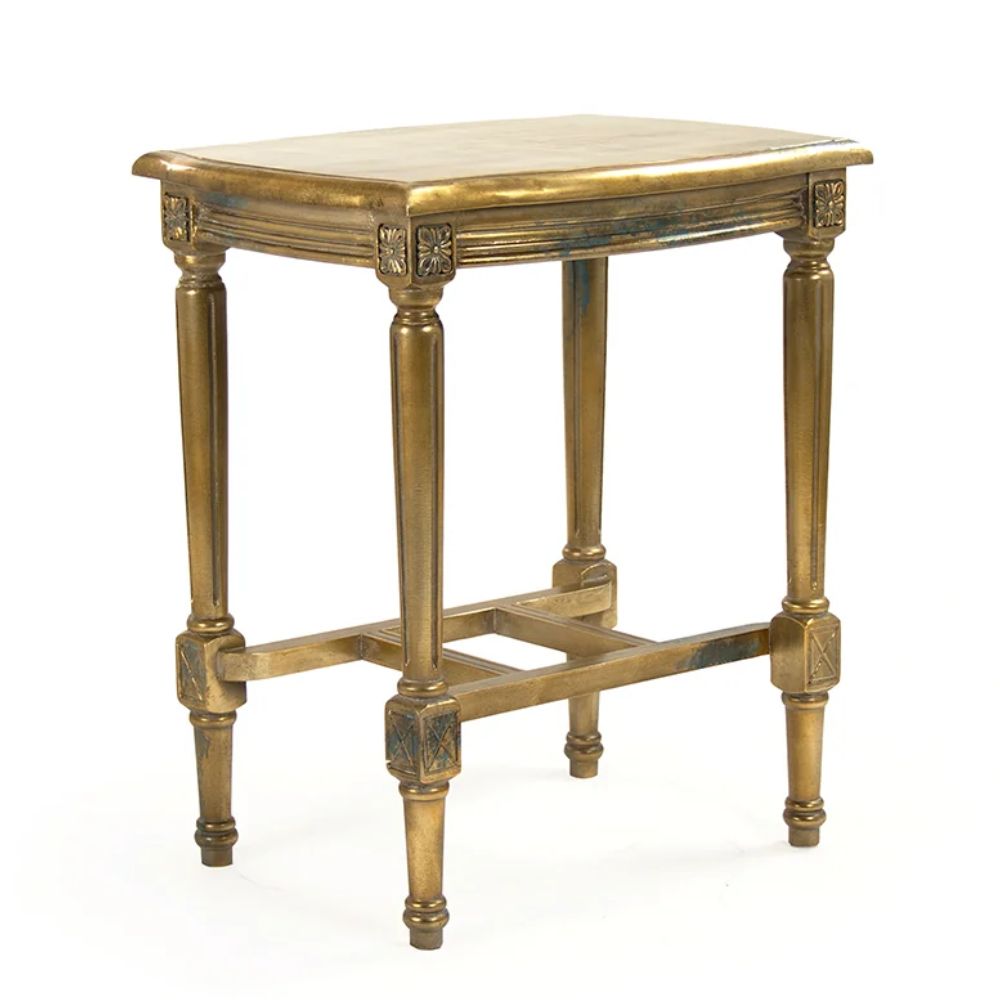 Louis style side table painted in gold with antiquing, featuring rosette carvings, fluted legs and a curved top.