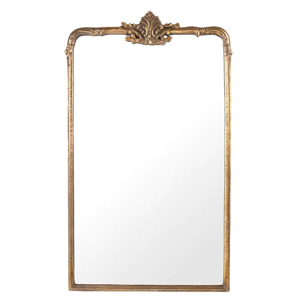 Ornate gold French country style rectangular wall mirror with decorative crest.