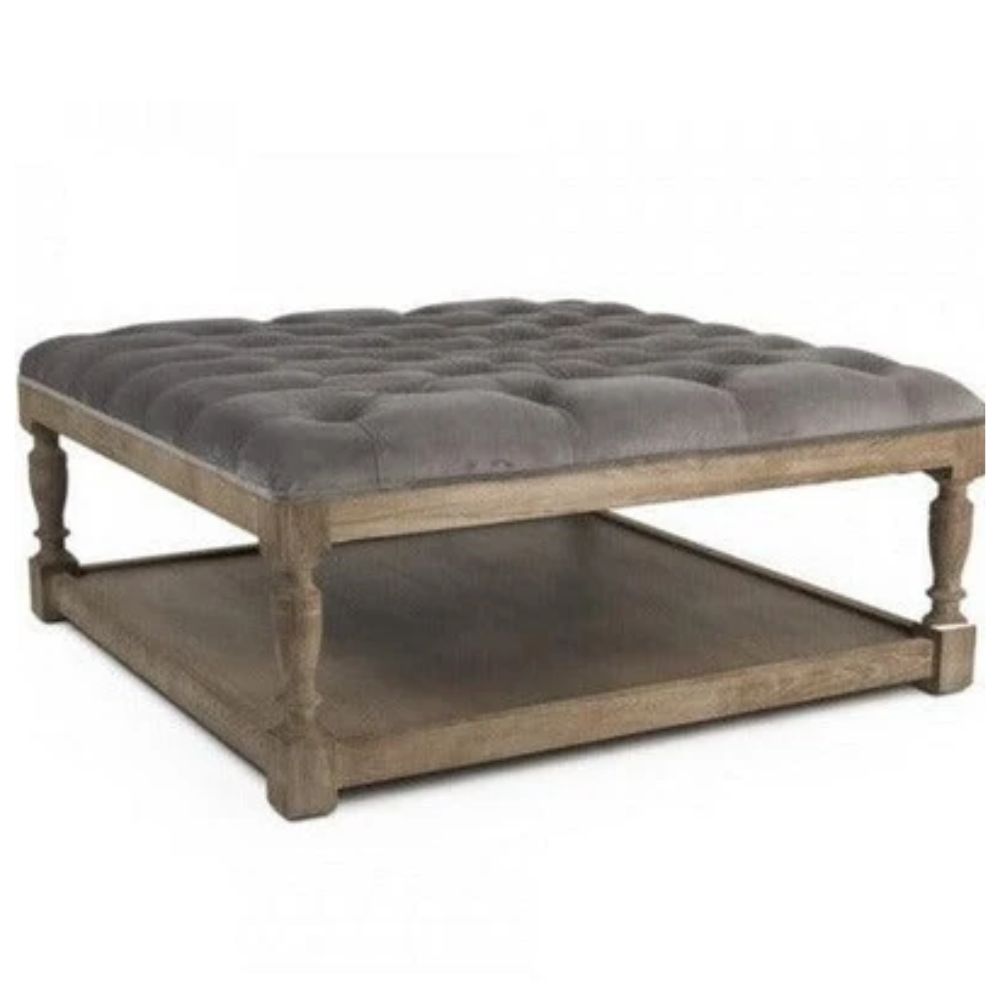 Gray Velvet Square Tufted Ottoman