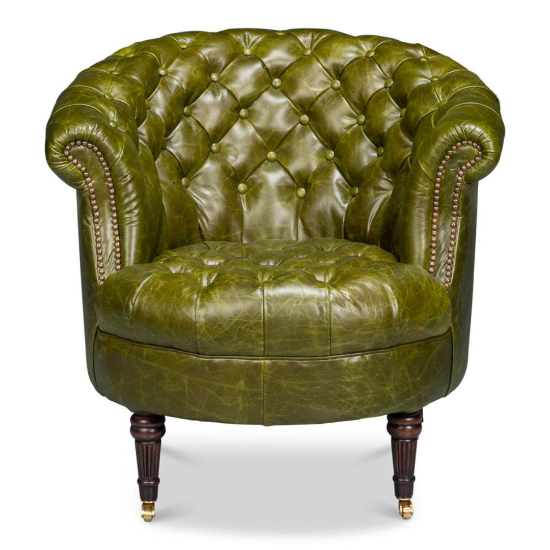 Green Chesterfield Barrel Leather Chair