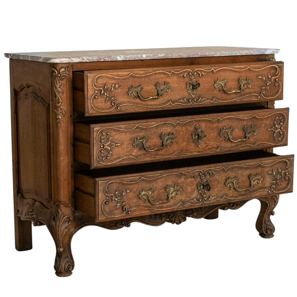Ornate Marble Top French Antique Chest, Circa 1850