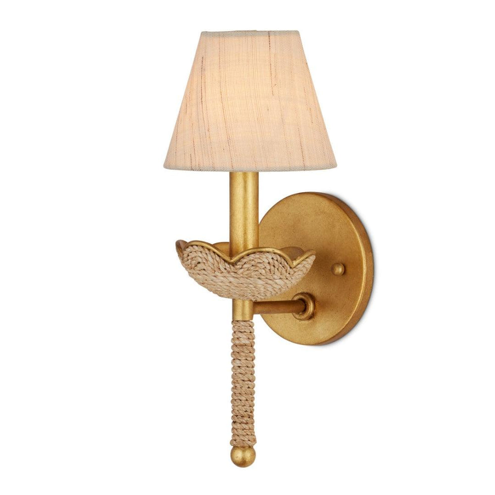 Gold coastal style wall sconce with rope detail and a cream fabric shade.