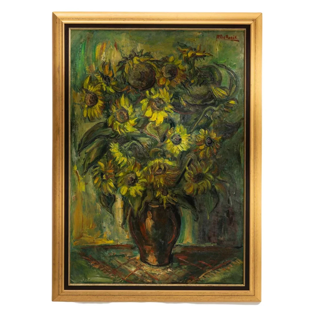 Vintage oil painting of sunflowers in vase, gold frame, French country decor style