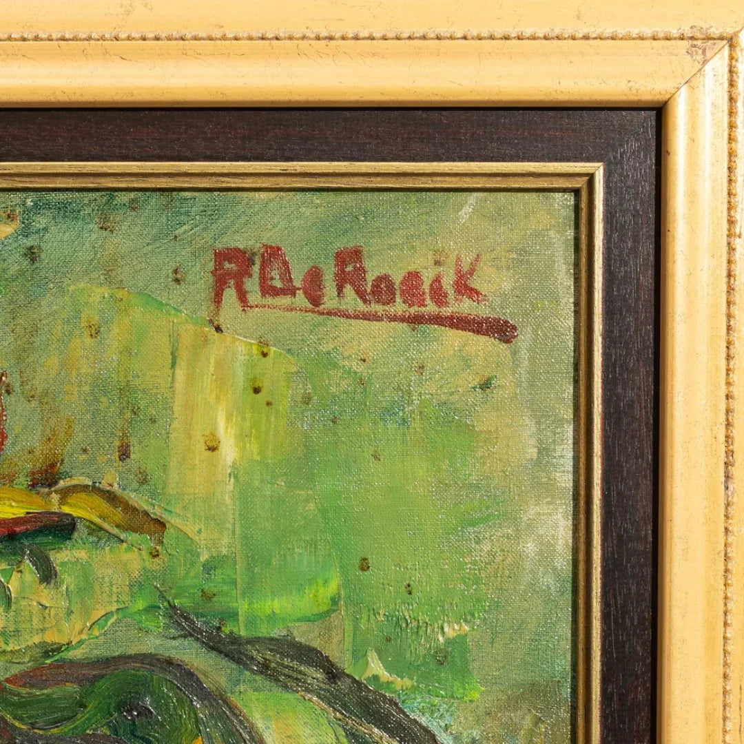 R. De Roack signed oil painting in vintage gold frame, green abstract landscape, fine European antique art