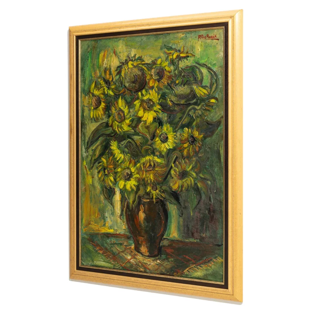 Framed oil painting of sunflowers in vase, rustic farmhouse wall art decor