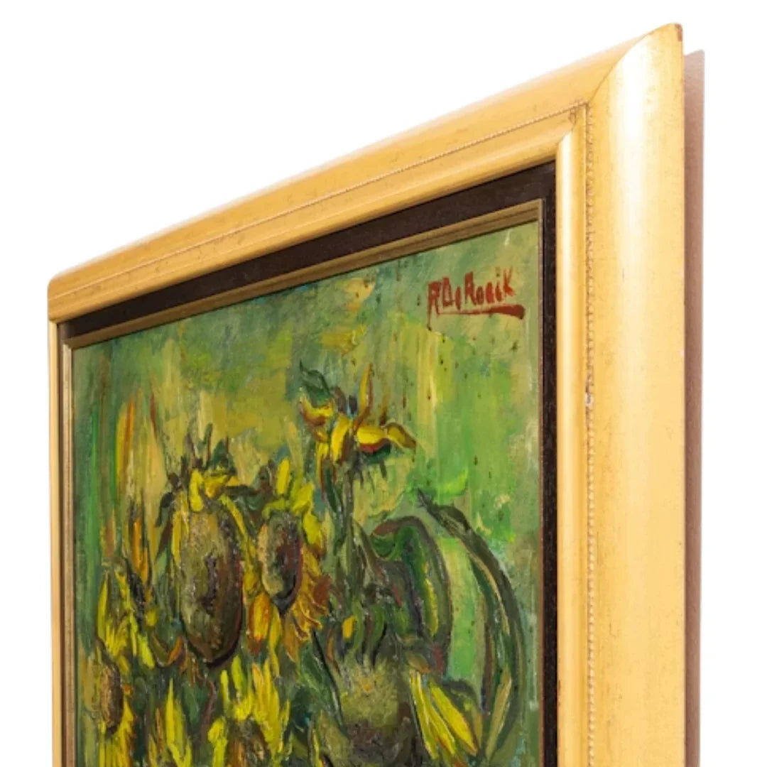 Vintage sunflower oil painting in gold frame, French country decor style