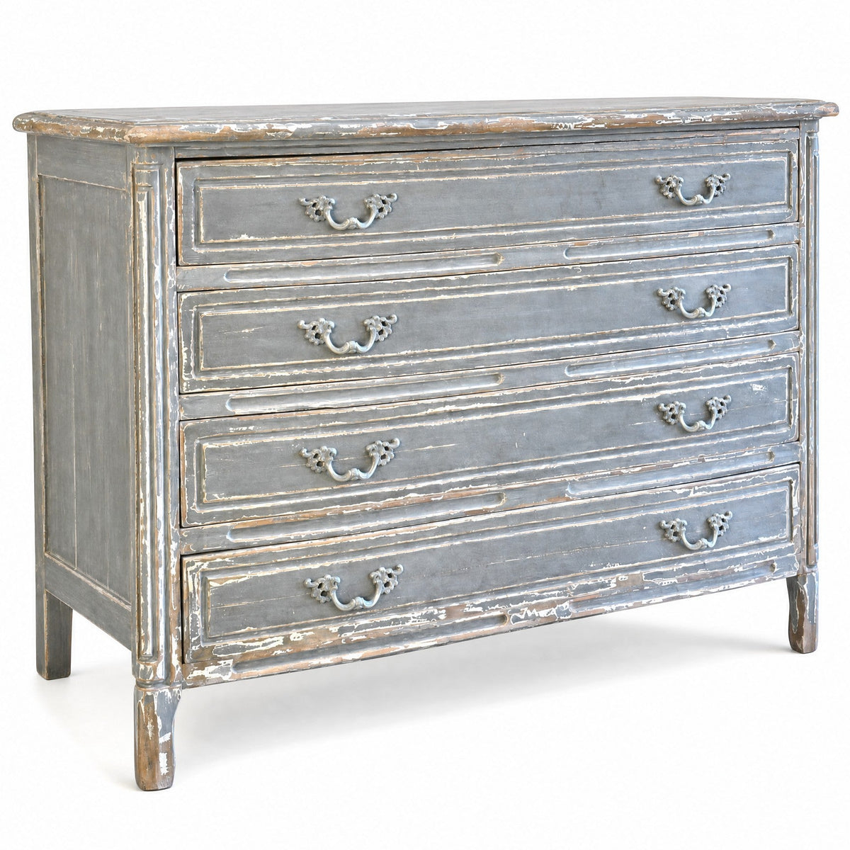 Distressed blue-gray reclaimed pine chest with four drawers, ornate curved pulls, and weathered antique-style finish