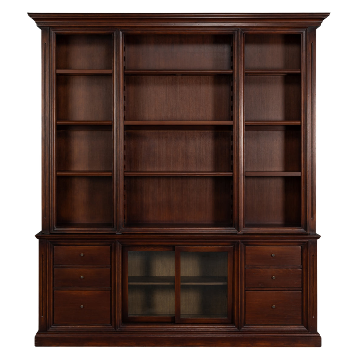 Heritage pine wood bar cabinet with open shelving, glass-front center cabinet, multiple drawers, and rich brown finish.